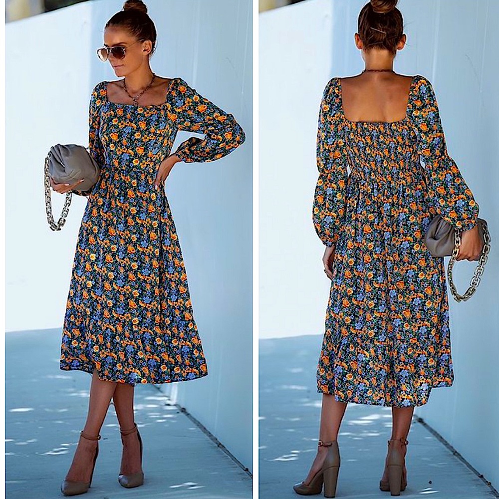 Navy Floral Smocked Long Puff Sleeve Midi Dress